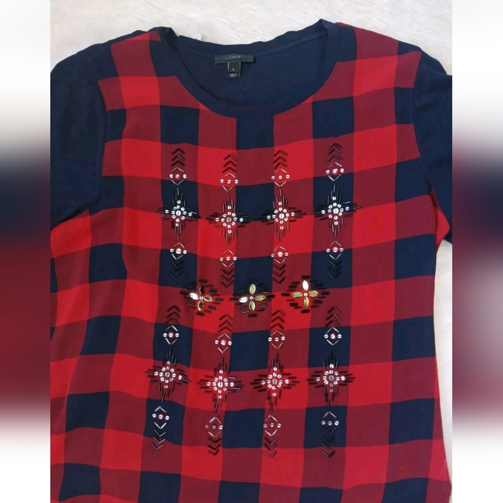J Crew Navy Blue Red Checkered Sequin Beaded Shirt - Picture 2 of 10
